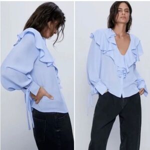 Zara Light Blue Ruffle V-Neck Blouse